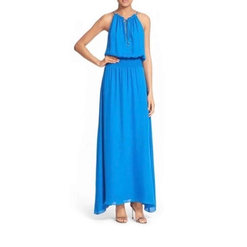 Parker Amos Smocked Waist Silk Chiffon Blue Halter Maxi Dress Ruffle Neck L NWT